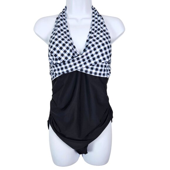 Womens Black & White Gingham Halter One-Piece Swimsuit Tummy Control Size Large - Picture 4 of 9
